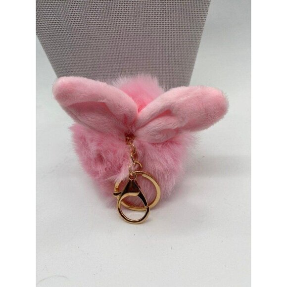 Pink Bunny Ears Fur Ball Keychain Gold Metal Charm For Keys Or Bags Unisex - Picture 3 of 6